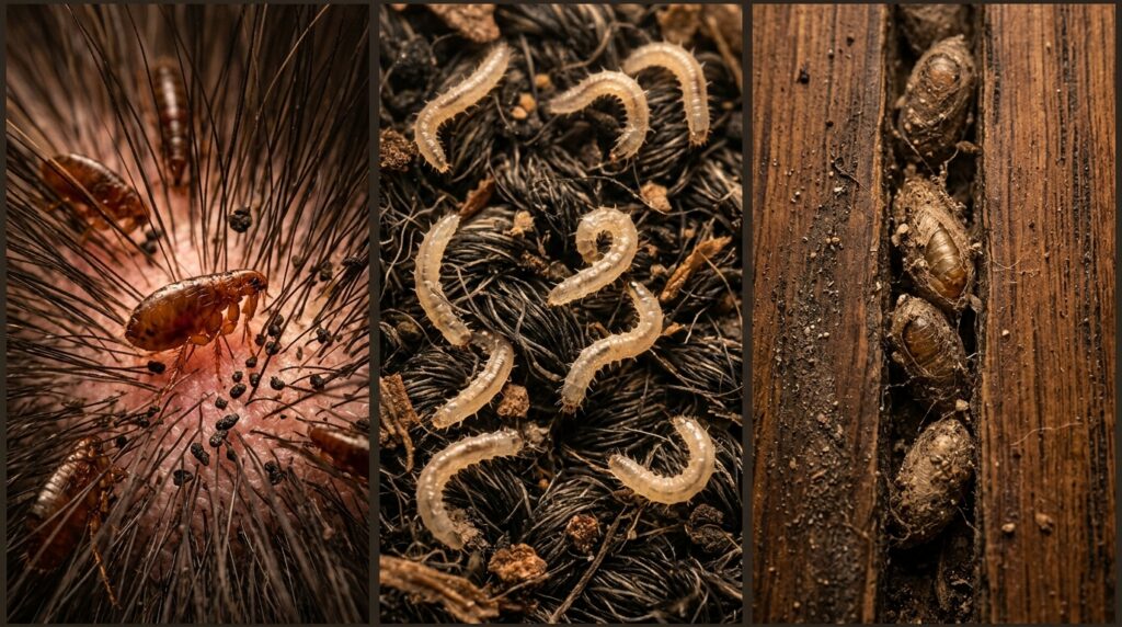 Três painéis verticais mostrando pulgas no pelo do animal, larvas na trama do tapete e casulos protegidos em frestas de piso.