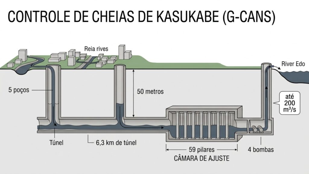 Flood_control_diagram_explaining%E2%80%A6_202608201625-1024x576 Para conter enchentes, o Japão abriu um túnel de 6,3 km a 50 metros de profundidade e uma câmara de 177 metros sustentada por 59 pilares