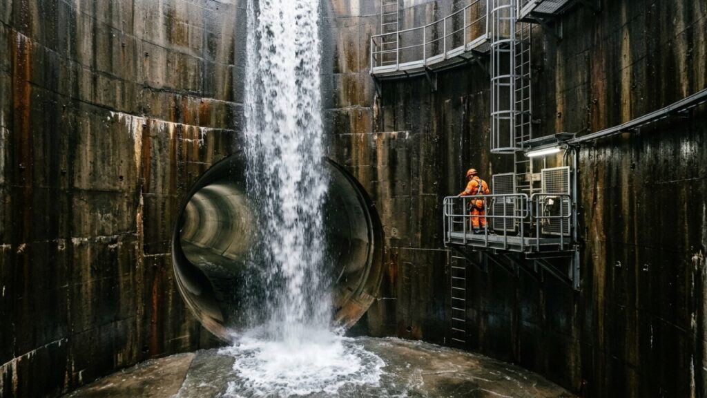 Floodwater_entering_tunnel_shaft_202608281254-1024x576 Debaixo de uma cidade japonesa, um rio artificial de 6,3 km corre 50 metros sob o chão e recebe enchentes por poços gigantes antes de despejar a água em outro rio