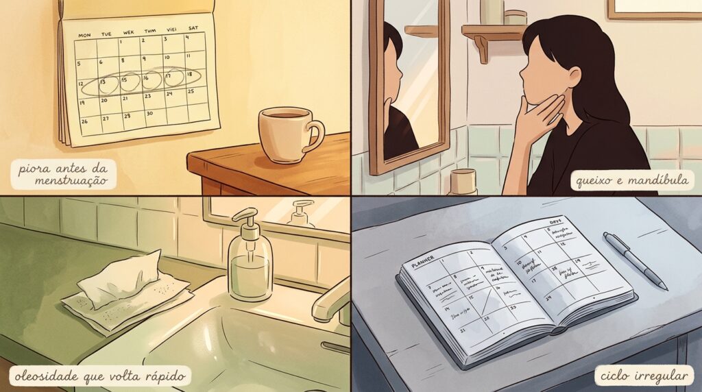 Grade com quatro ilustrações mostrando calendário com semana circulada, mão na linha da mandíbula, lenço absorvente na pia e agenda com dias irregulares.