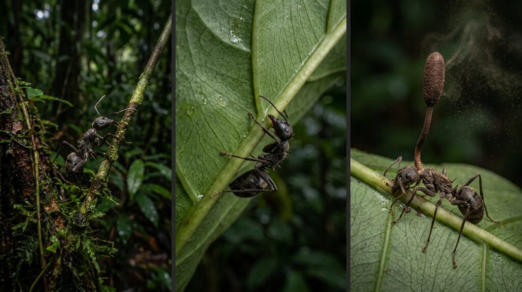 Tríptico em três painéis verticais mostrando a desorientação motora da formiga, a mordida foliar e a erupção da haste fúngica.