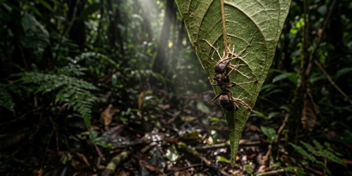 Formiga-carpinteira presa pela mandíbula na face inferior de uma folha a 25 centímetros do solo da floresta tropical.