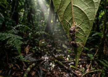 Formiga-carpinteira presa pela mandíbula na face inferior de uma folha a 25 centímetros do solo da floresta tropical.