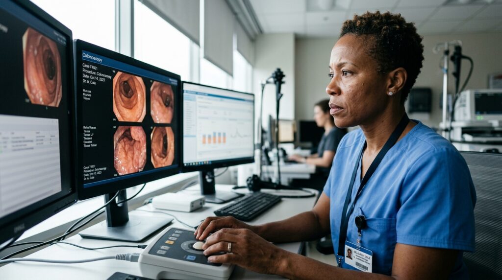 Médico gastroenterologista em consultório analisando exames do trato digestivo em monitor digital.