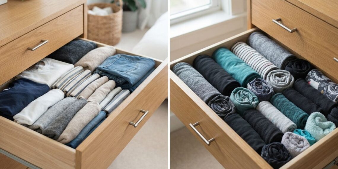 Organizar as camisetas no gaveteiro empilhadas na horizontal ou em formato de rolinho vertical: veja a diferença e qual é a alternativa correta para evitar amassados