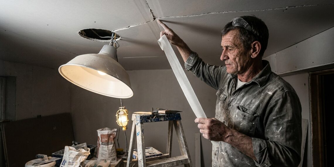 Gesseiro trabalhando na instalação de forro rebaixado de drywall e verificando ponto de pendente no teto