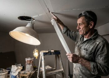 Gesseiro trabalhando na instalação de forro rebaixado de drywall e verificando ponto de pendente no teto