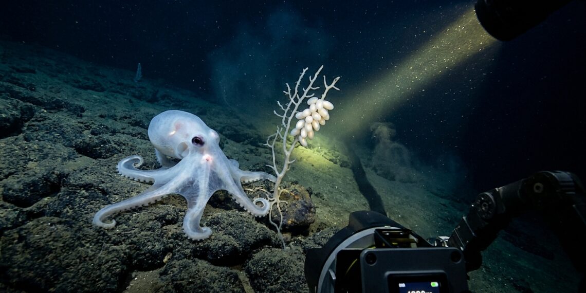 Polvo fantasma translúcido pousado sobre rocha basáltica no leito do oceano Pacífico a mais de 4.000 metros de profundidade.
