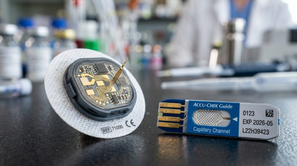 Sensor de monitorização contínua de glicose e fita de teste em plano macro detalhado