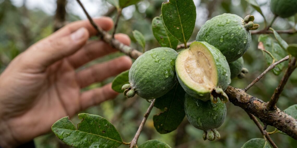 Fruto de goiaba-serrana cortado ao meio sobre tábua de madeira rústica com luz natural de janela.
