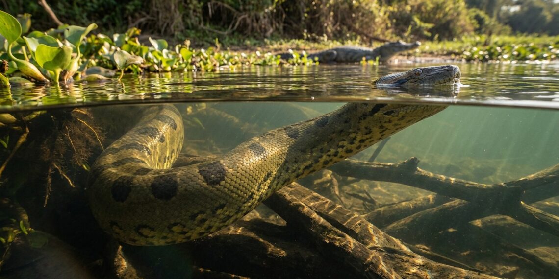 Sucuri-verde de 6 metros deslizando por águas rasas e cristalinas entre aguapés no Pantanal.
