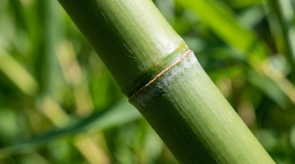 Detalhe macro dos nós e caules flexíveis de uma planta de bambu verde.
