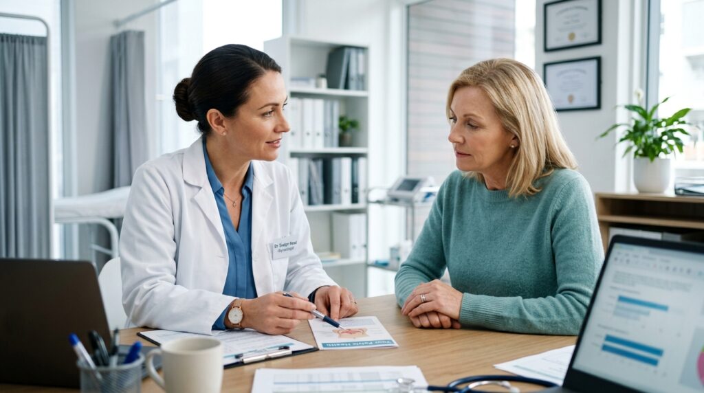 Médica ginecologista em consultório clínico conversando atentamente com paciente madura sobre saúde da bexiga e da uretra.