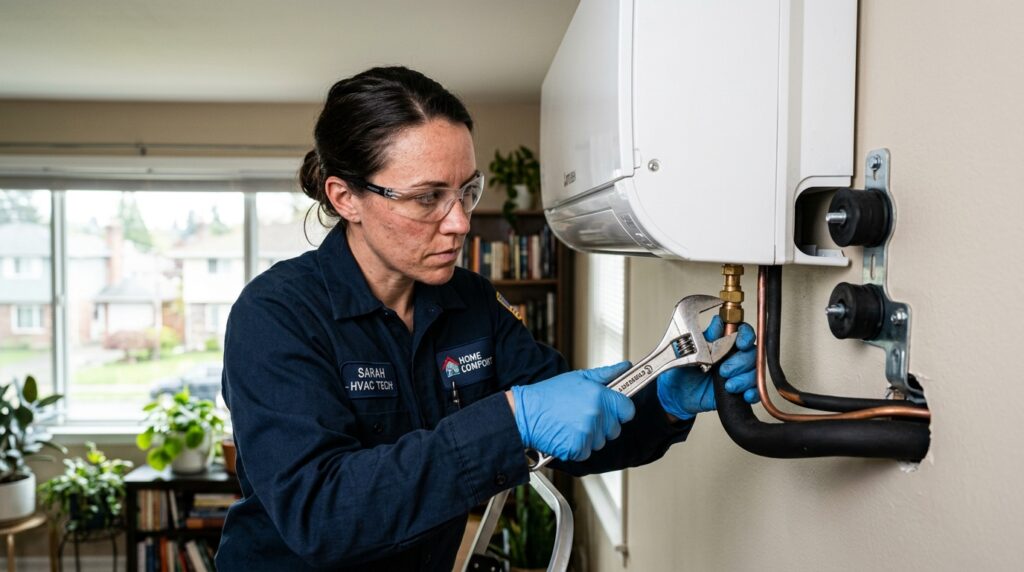 Técnico de climatização com chave de ajuste inspecionando conexões de tubulação de cobre e coxins antivibração de um ar-condicionado split em apartamento.