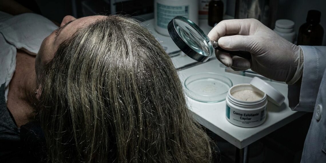 Close-up de cabelo opaco e pesado, com fios rígidos e leves descamações visíveis na raiz do couro cabeludo.