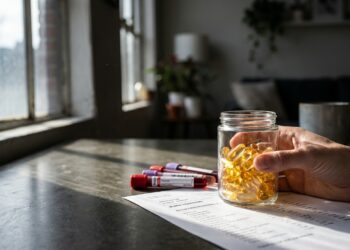 Mão segurando cápsulas gelatinosas de vitamina D ao lado de laudo de exame de sangue em ambiente clínico