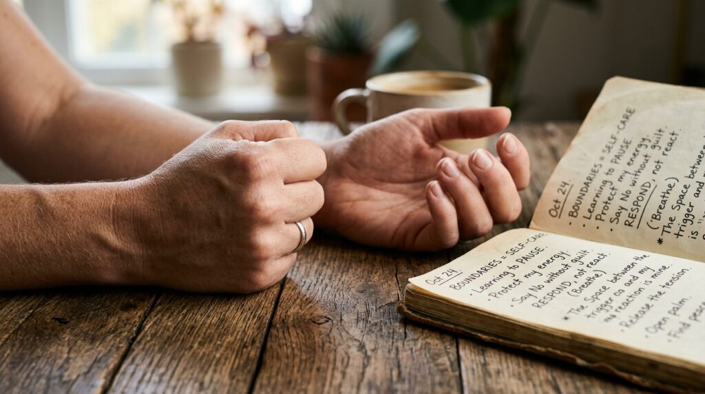 Detalhe em primeiro plano de mãos sobre mesa de madeira relaxando a tensão ao lado de um caderno de notas