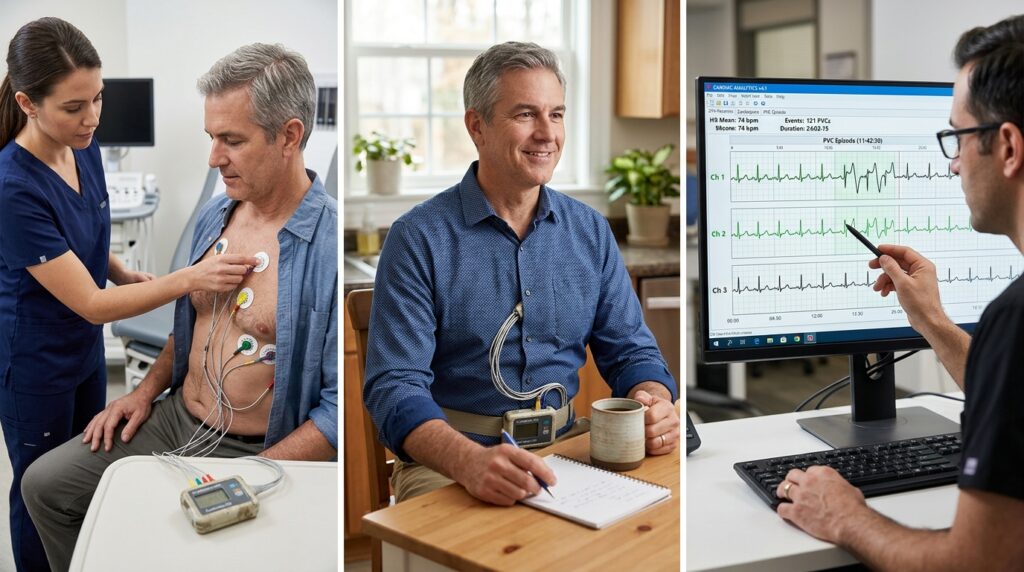 Sequência em três etapas mostrando colocação de eletrodos, uso do monitor Holter 24h e análise dos dados no computador
