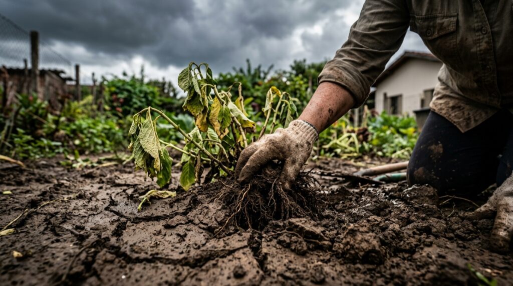 Jardineiro ou morador analisando a umidade da terra em um canteiro com expressão concentrada