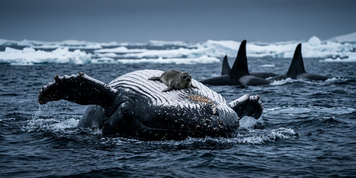Baleia-jubarte posicionada de barriga para cima na superfície do oceano polar protegendo uma foca em seu peito