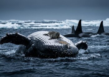 Baleia-jubarte posicionada de barriga para cima na superfície do oceano polar protegendo uma foca em seu peito