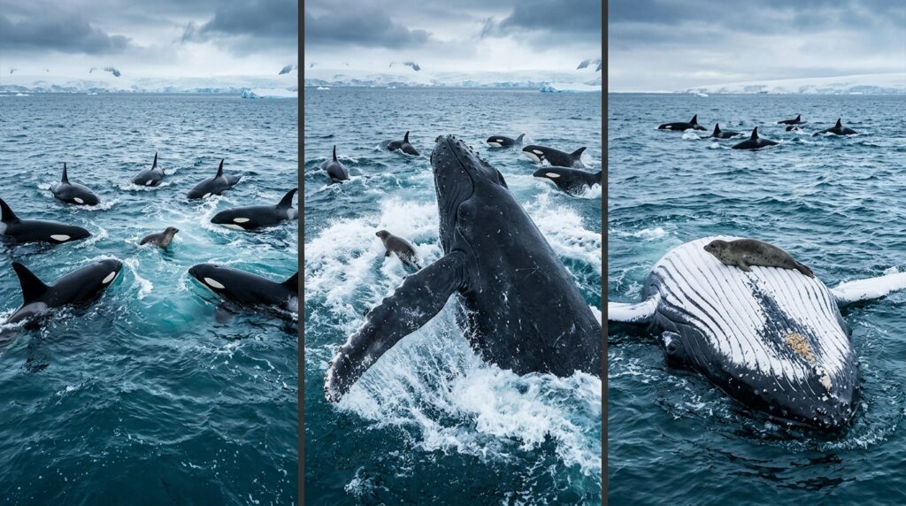 Painel em três etapas mostrando orcas cercando a presa, a intervenção da baleia-jubarte e o resgate da foca no peito da baleia