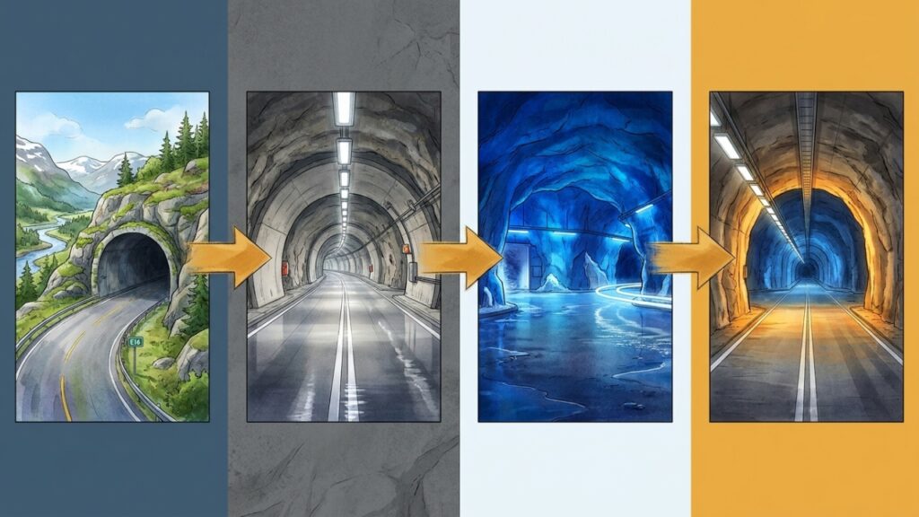 Cavernas iluminadas no túnel de Lærdal