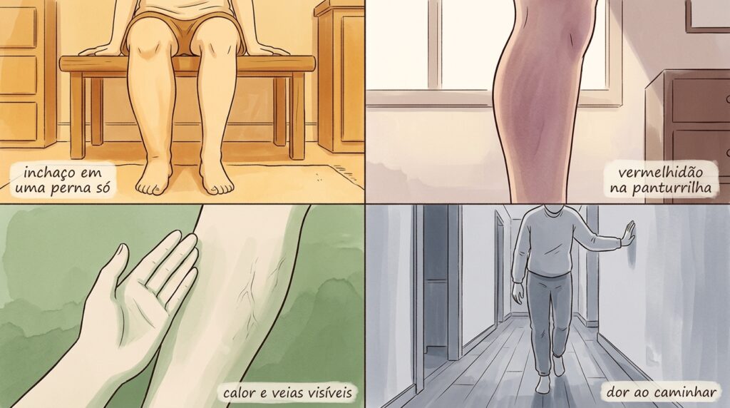 Grade com quatro ilustrações mostrando sinais de trombose na panturrilha: inchaço em uma perna, vermelhidão, calor com veias visíveis e dor ao caminhar.