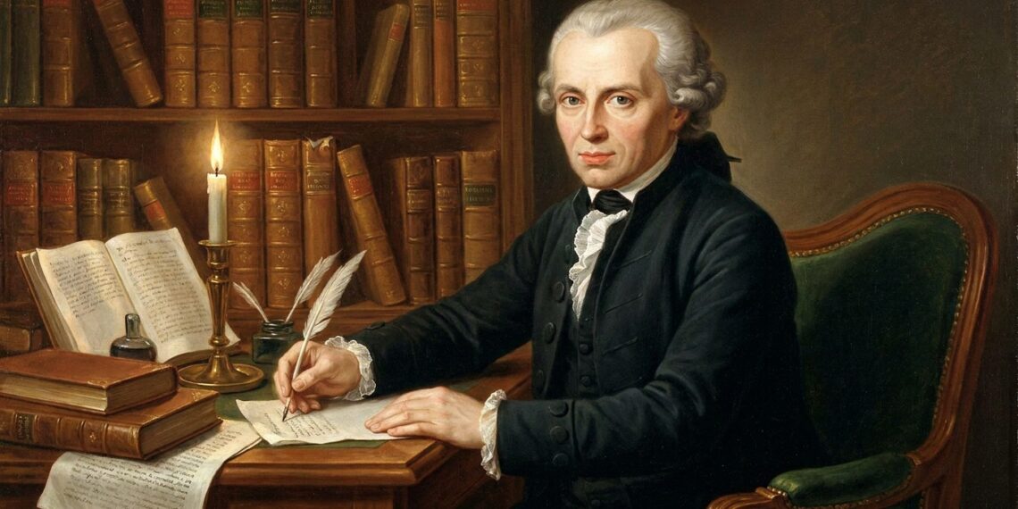 Retrato pintado de filósofo do século XVIII escrevendo com pena de ganso em uma escrivaninha, cercado de livros antigos e vela acesa