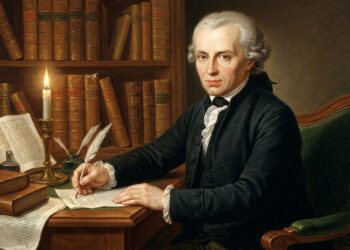 Retrato pintado de filósofo do século XVIII escrevendo com pena de ganso em uma escrivaninha, cercado de livros antigos e vela acesa