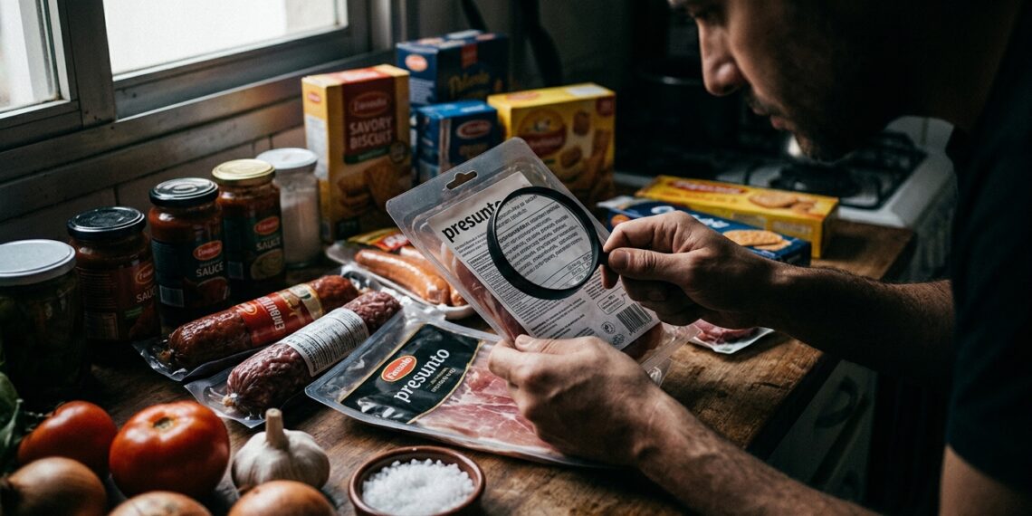 Consumidor examinando a tabela nutricional de um produto alimentício industrializado em uma bancada de cozinha