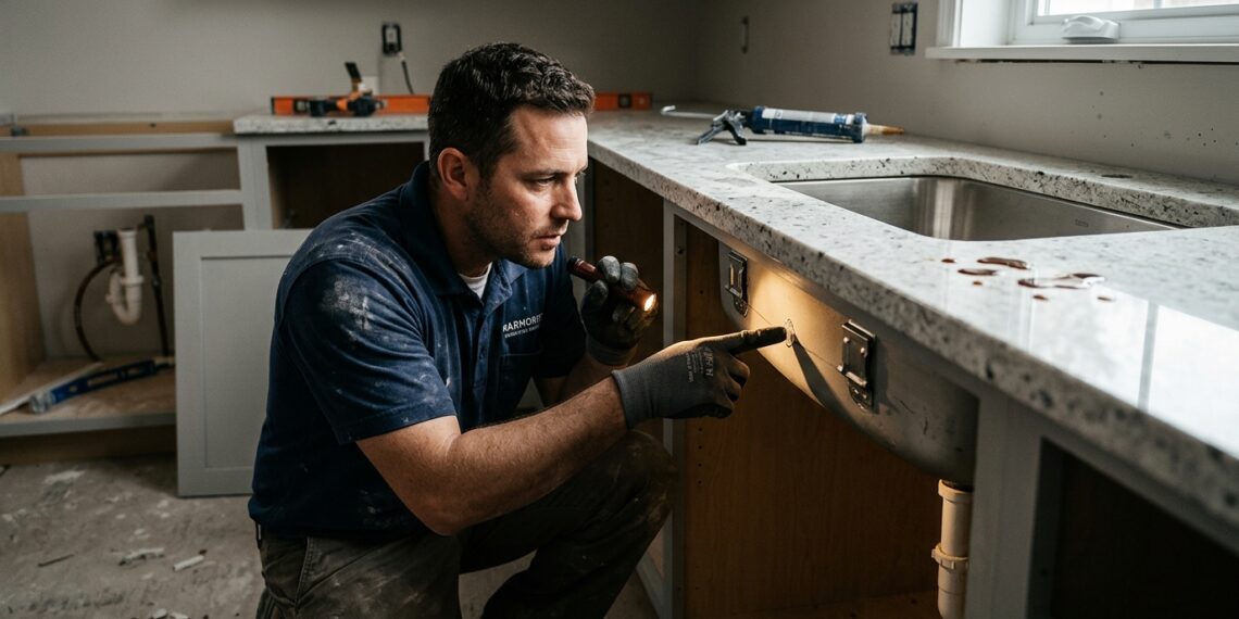 Marmorista inspecionando instalação de cuba de inox sob bancada de granito claro em cozinha