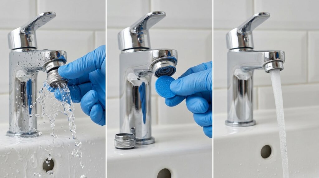 Composição em três etapas mostrando remoção do arejador, inserção do disco redutor e fluxo de água calibrado na torneira