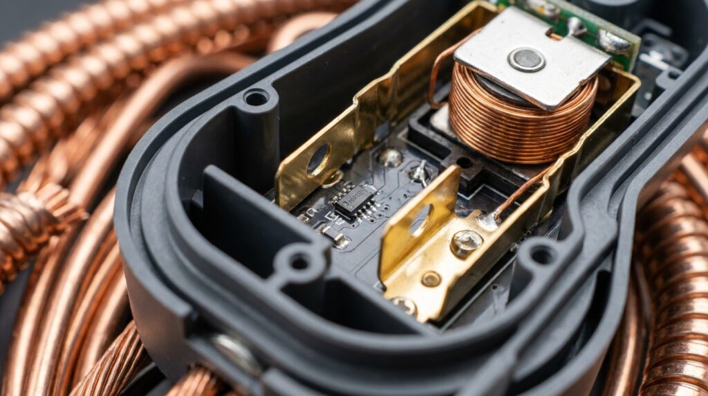 Detalhe em macro dos circuitos eletrônicos internos, sensor térmico e bornes de latão de tomada inteligente