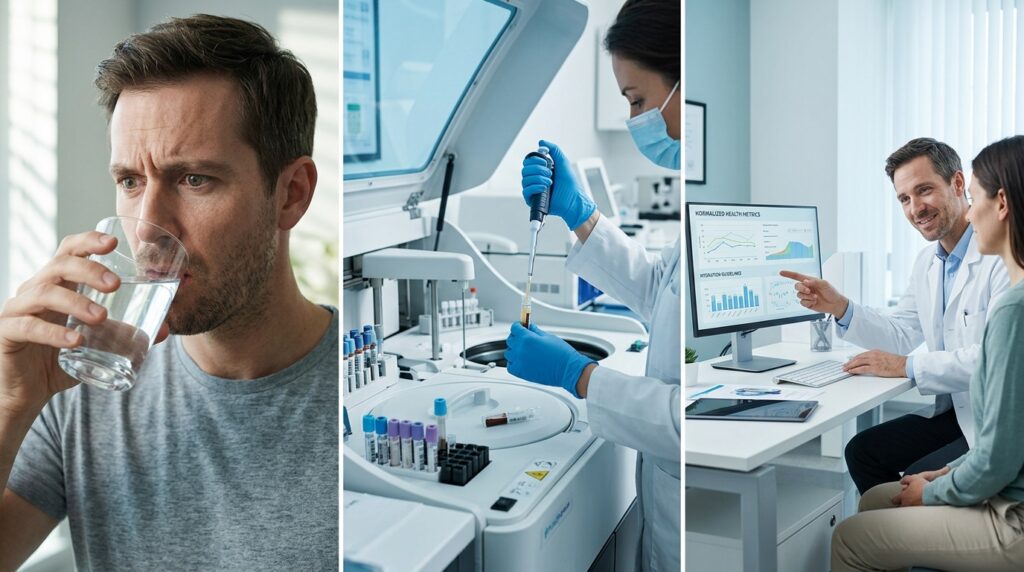 Painel tríptico mostrando a percepção do gosto de ferro na boca, a análise de amostras no laboratório e a consulta médica final