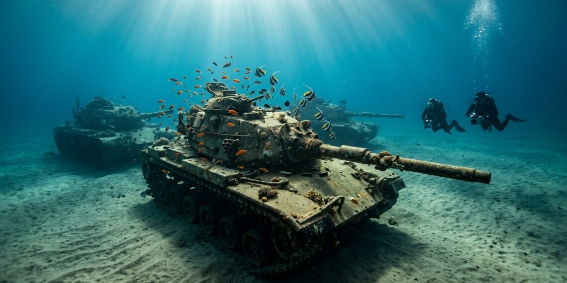 Tanques de guerra blindados alinhados no fundo arenoso do Mar Vermelho com mergulhadores e peixes ao redor
