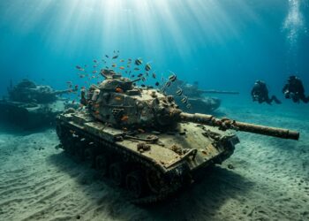 Tanques de guerra blindados alinhados no fundo arenoso do Mar Vermelho com mergulhadores e peixes ao redor