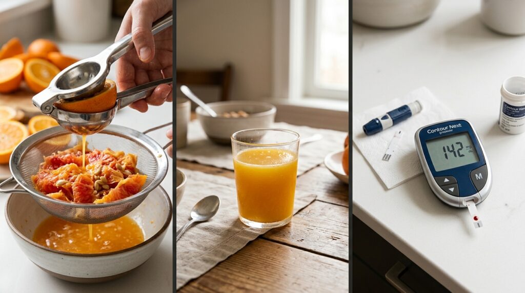 Tríptico fotográfico em três etapas mostrando a extração do suco de fruta, o consumo da bebida e a medição de glicemia em glicosímetro digital.