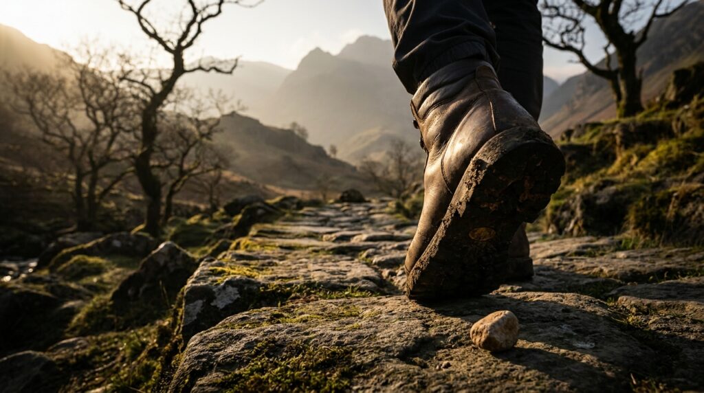 Filósofo oriental contemplando um caminho de pedra sinuoso em meio a montanhas cobertas de neblina ao amanhecer
