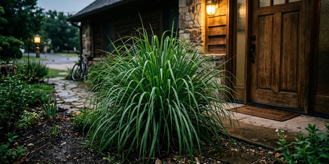 Touceira de capim-limão plantada em canteiro na entrada de uma casa, com folhas longas e verdes ao sol e mosquitos ao fundo.