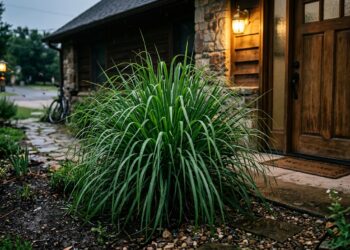 Touceira de capim-limão plantada em canteiro na entrada de uma casa, com folhas longas e verdes ao sol e mosquitos ao fundo.