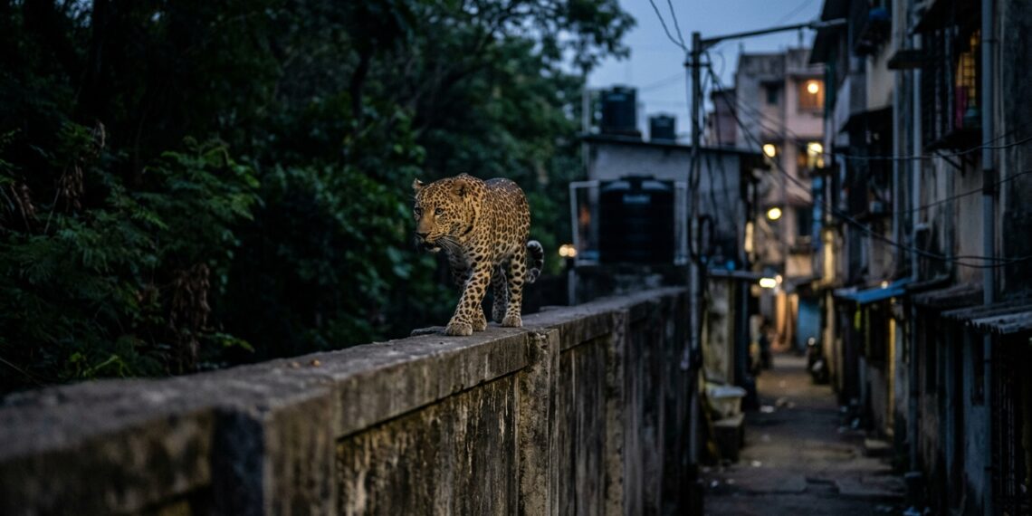 Leopardo caminha sobre muro de concreto na divisa entre a floresta e uma área residencial de Mumbai durante o entardecer