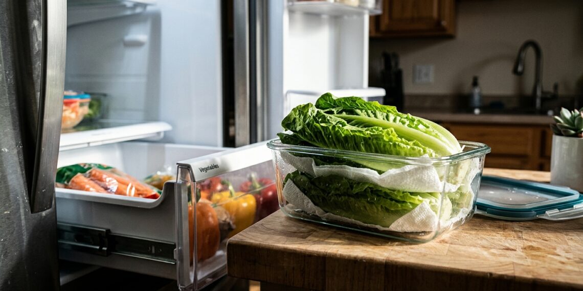 Pote organizador transparente com camadas de alface fresca intercaladas com papel-toalha ao lado da gaveta de legumes da geladeira