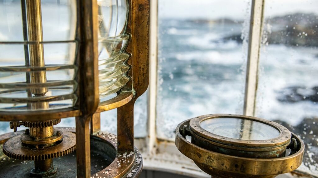Detalhe de lentes de latão e bússola náutica de farol histórico diante de janela voltada para o mar