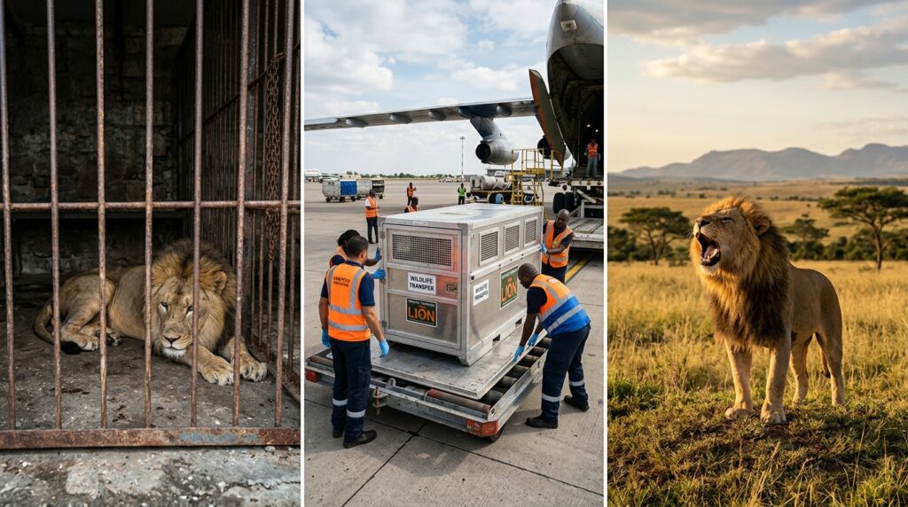 Painel dividido em três etapas mostrando o leão na jaula de concreto, o transporte aéreo internacional e a soltura no santuário.