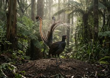 Pássaro-lira macho cantando com bico aberto e cauda prateada aberta sobre a cabeça em monte de terra na floresta úmida australiana
