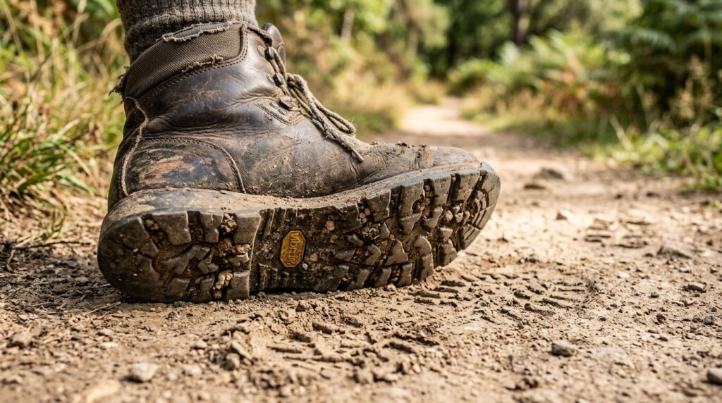 Detalhe macro de botas de caminhada desgastadas sobre trilha de terra, representando persistência e passos constantes
