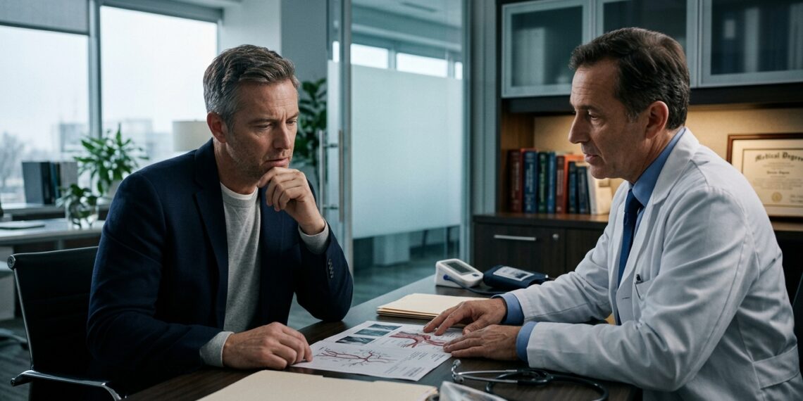 Homem adulto em consulta médica conversando com especialista sobre saúde vascular e circulatória em consultório.