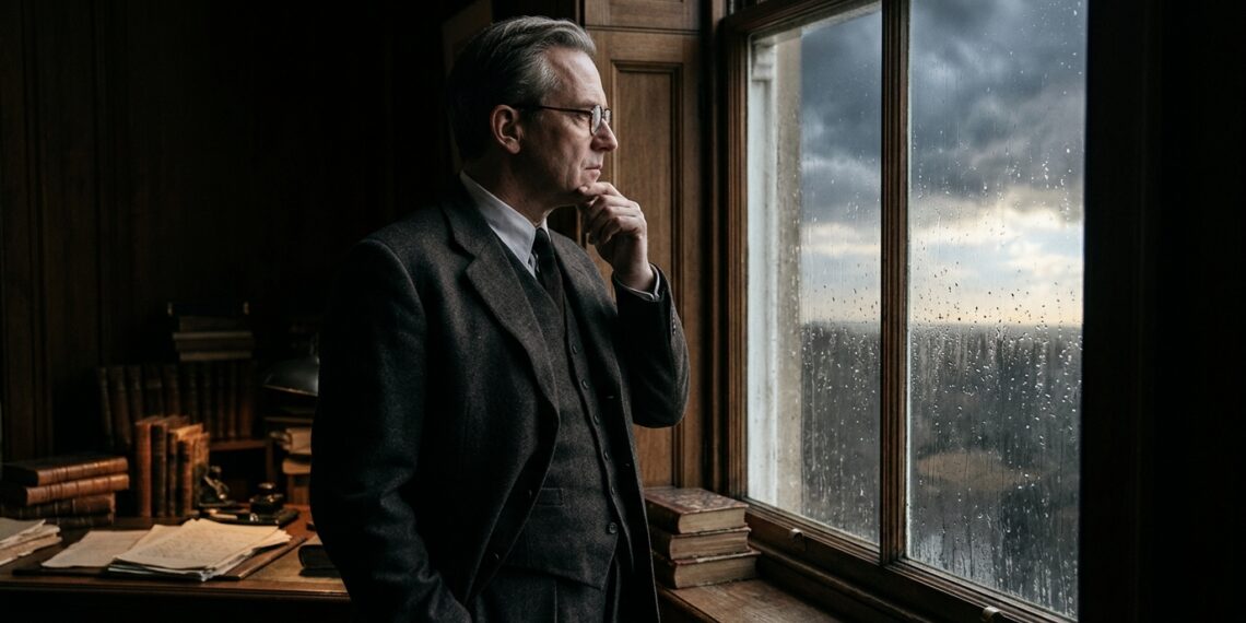 Homem contemplativo ao lado de uma janela com chuva observando o horizonte ao lado de uma mesa com livros antigos.