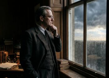 Homem contemplativo ao lado de uma janela com chuva observando o horizonte ao lado de uma mesa com livros antigos.